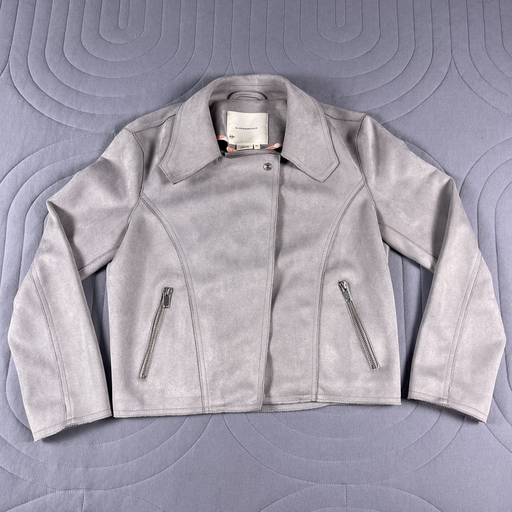 Anthropologie Expressway Moto Jacket Women's XS Faux Suede Gray Cropped Open